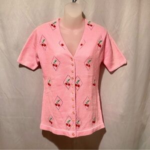 Vintage 80s Pink Short Sleeve Cardigan with Cherry Embroidery